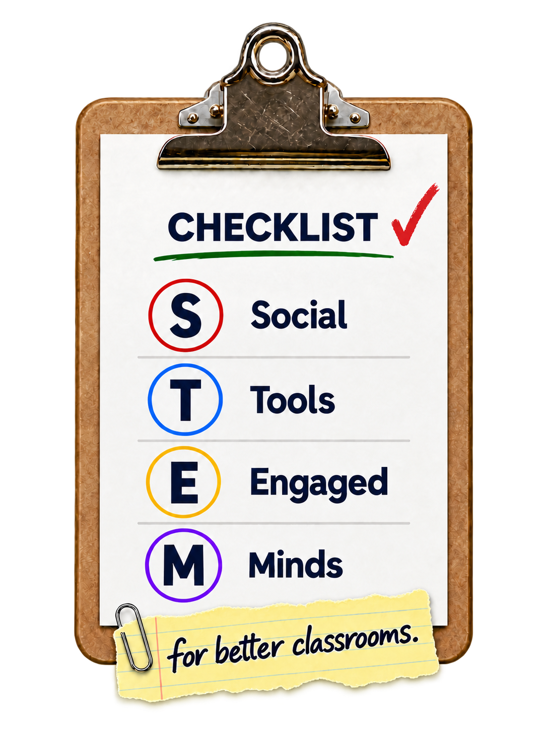 A classroom checklist clipboard showing Social, Tools, Engaged, Minds — for better classrooms.