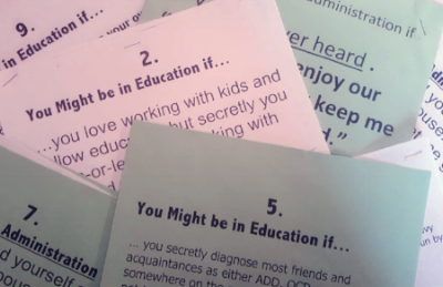 Tools of the trade: My punch-line cards.